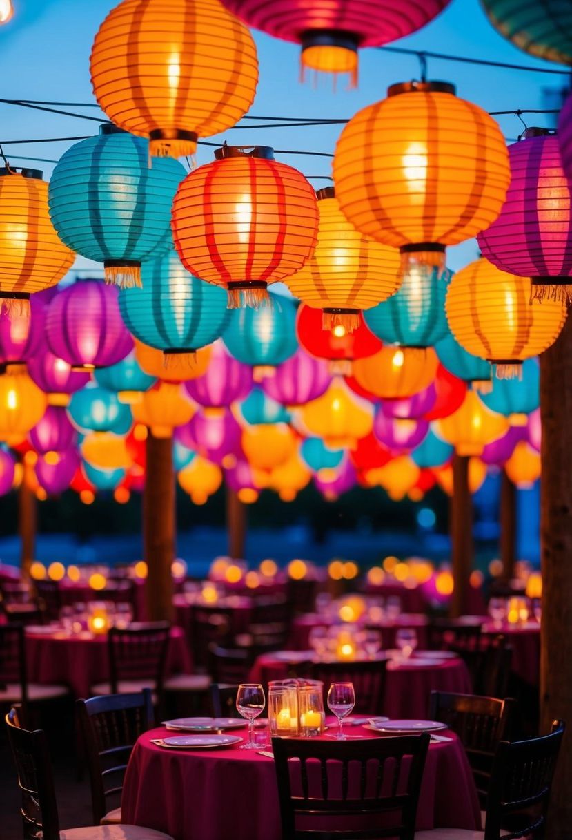 Vibrant paper lanterns hanging above tables, casting a warm glow