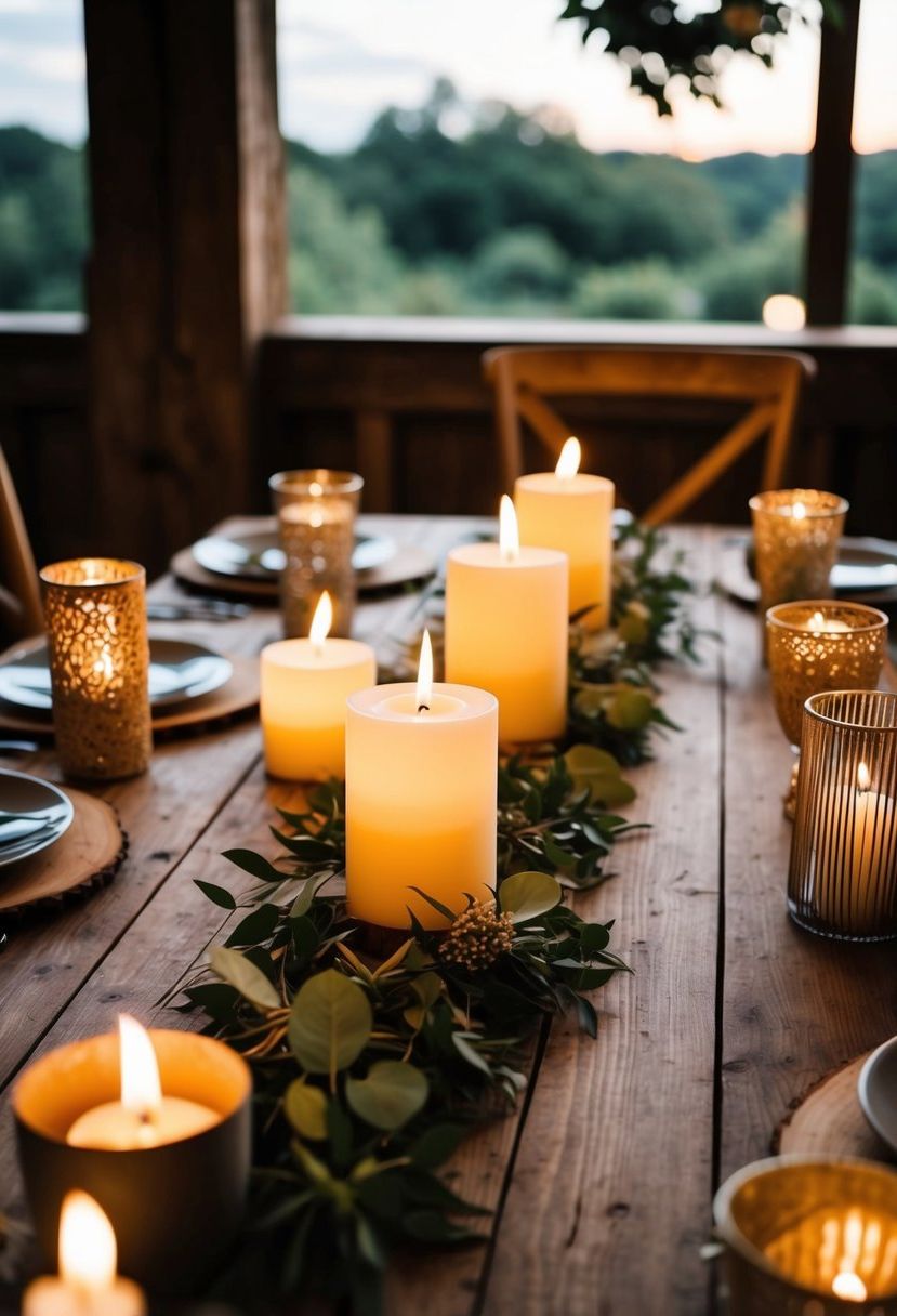 A rustic wooden table adorned with various DIY candle holders, creating a warm and intimate atmosphere for a budget-friendly wedding table decoration
