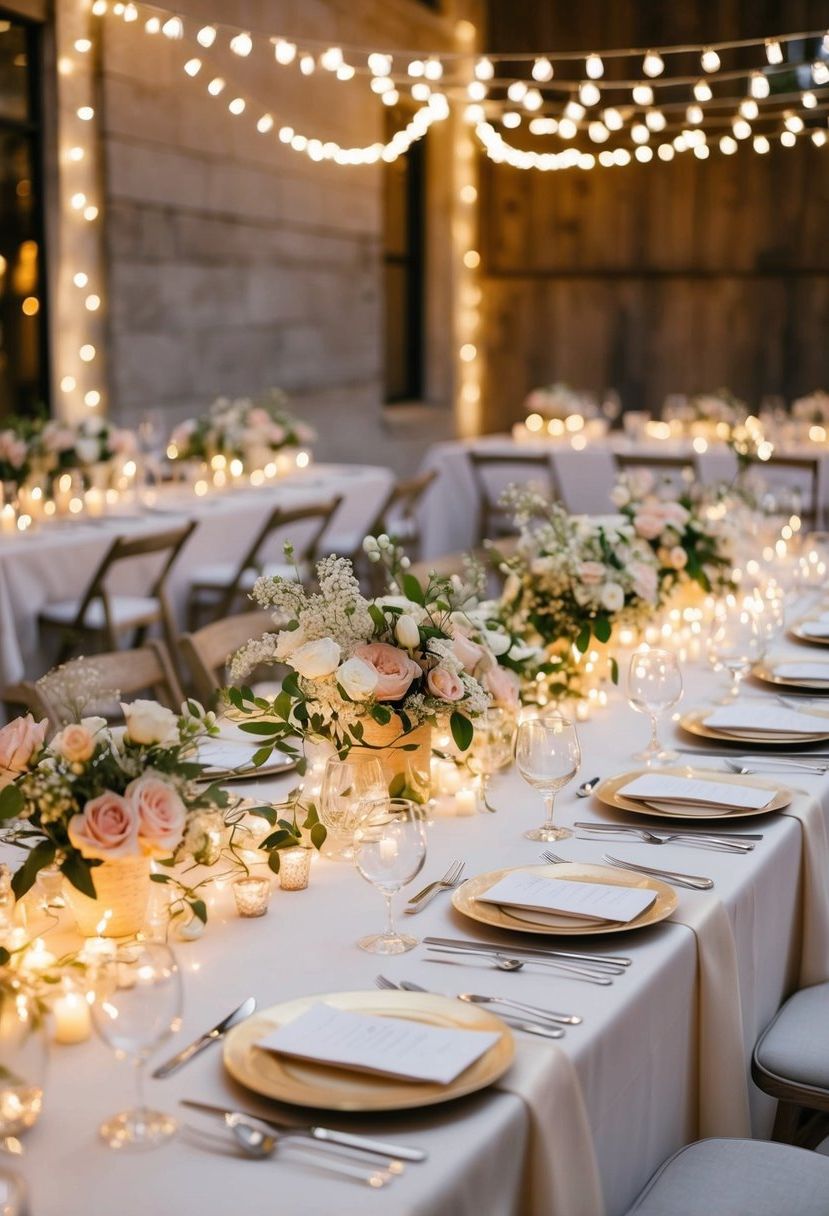 A table adorned with twinkling fairy lights and delicate floral arrangements, perfect for a budget-friendly wedding decoration