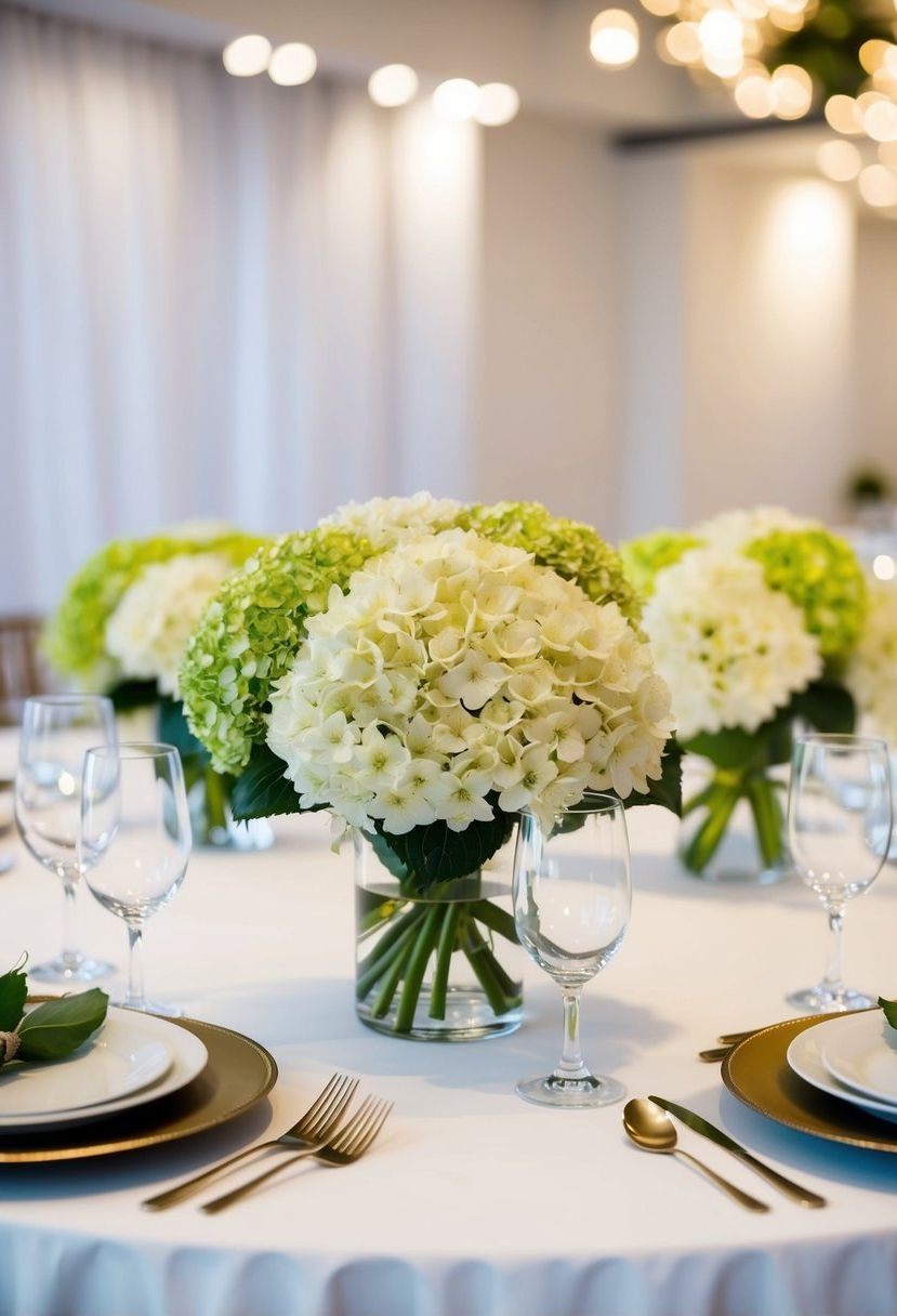 A table set with simple, elegant hydrangea centerpieces, creating a cheap yet beautiful wedding decoration