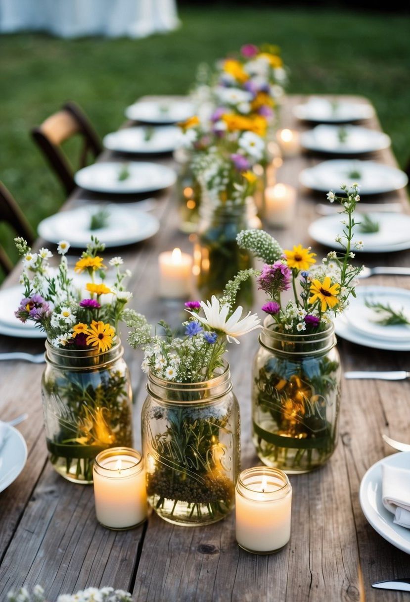 Mason jars filled with wildflowers and candles, arranged on rustic wooden tables for a budget-friendly wedding centerpiece
