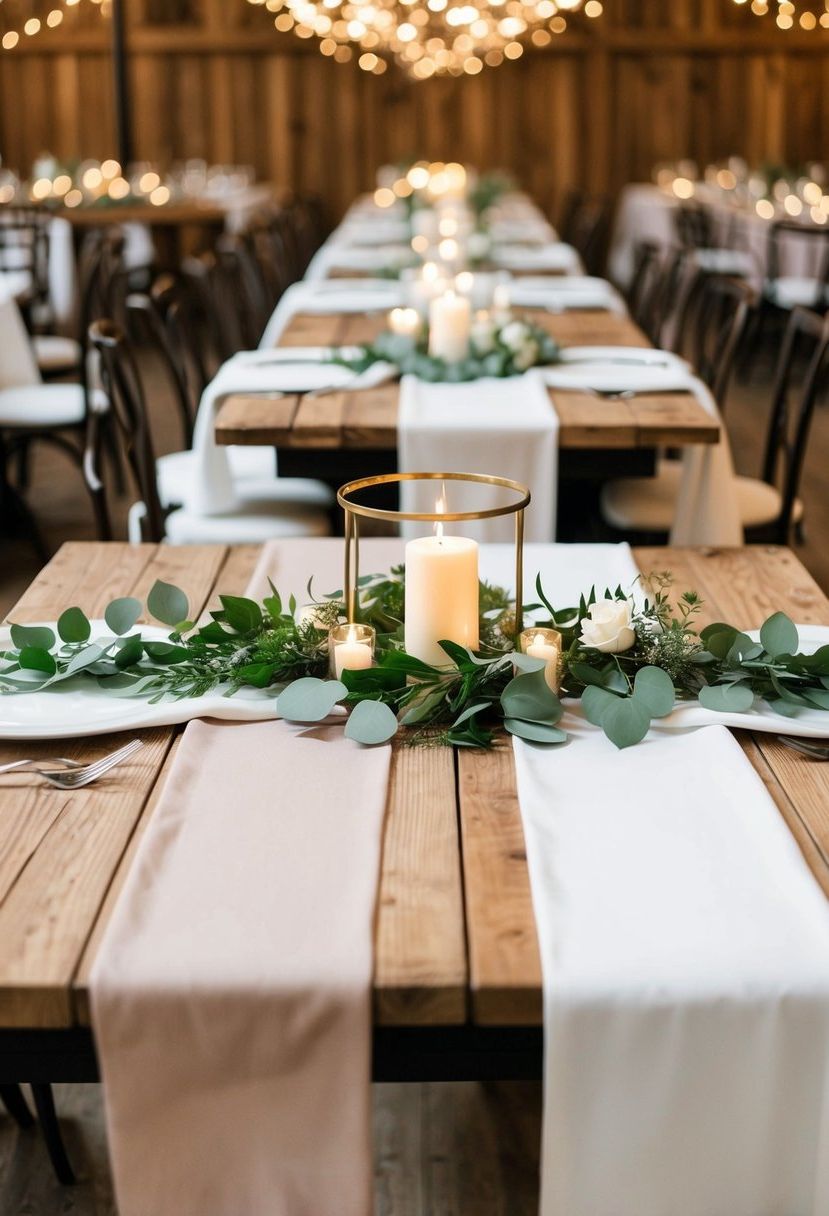 Elegant fabric table runners cascade over rustic wooden tables, adding a touch of sophistication to the wedding reception decor