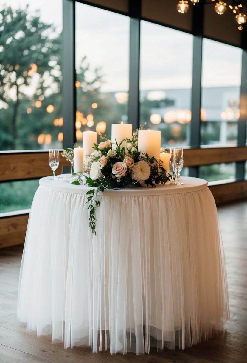 A round table with a tulle skirt in white, adorned with flowers and candles