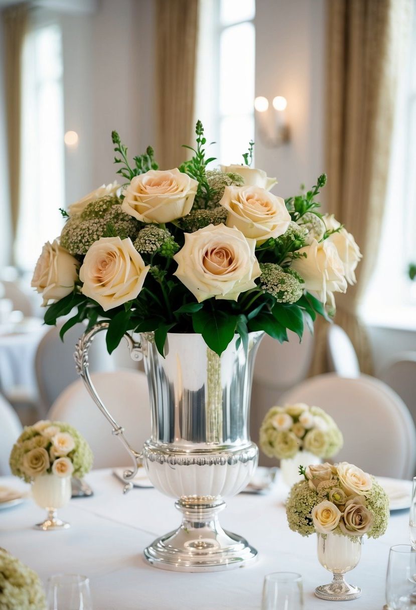 A silver vase with champagne flowers sits on a table, surrounded by smaller champagne-colored arrangements