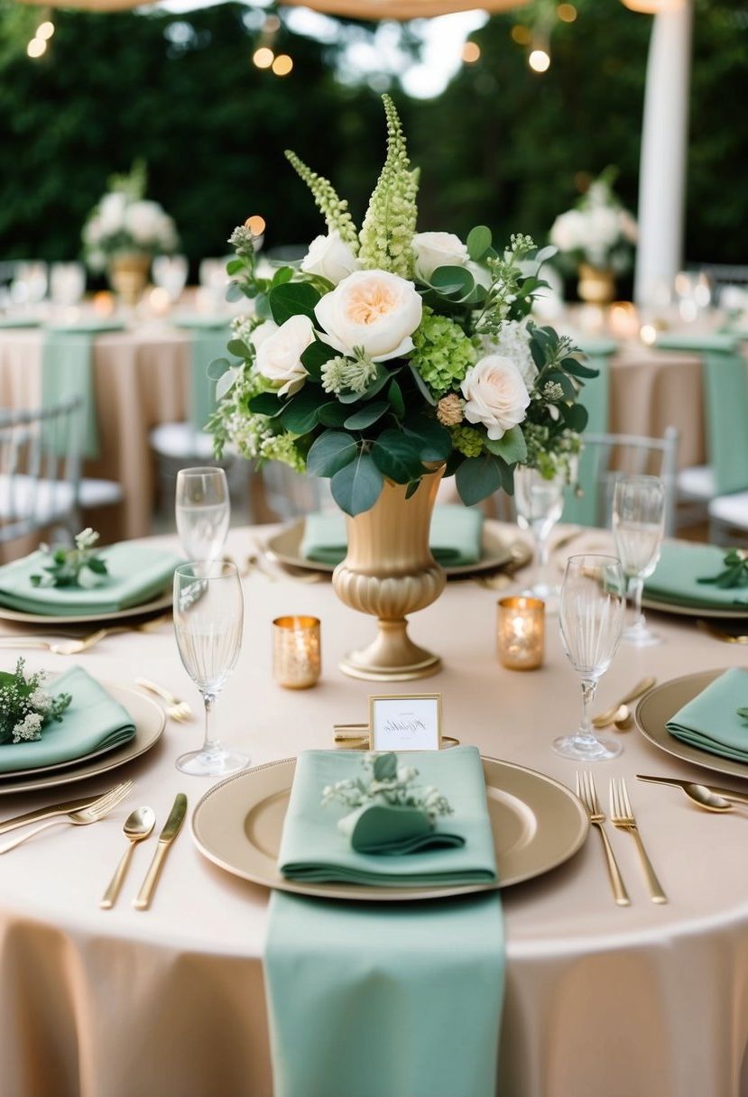 Sage green napkins and floral arrangements complement champagne tablecloths and centerpieces