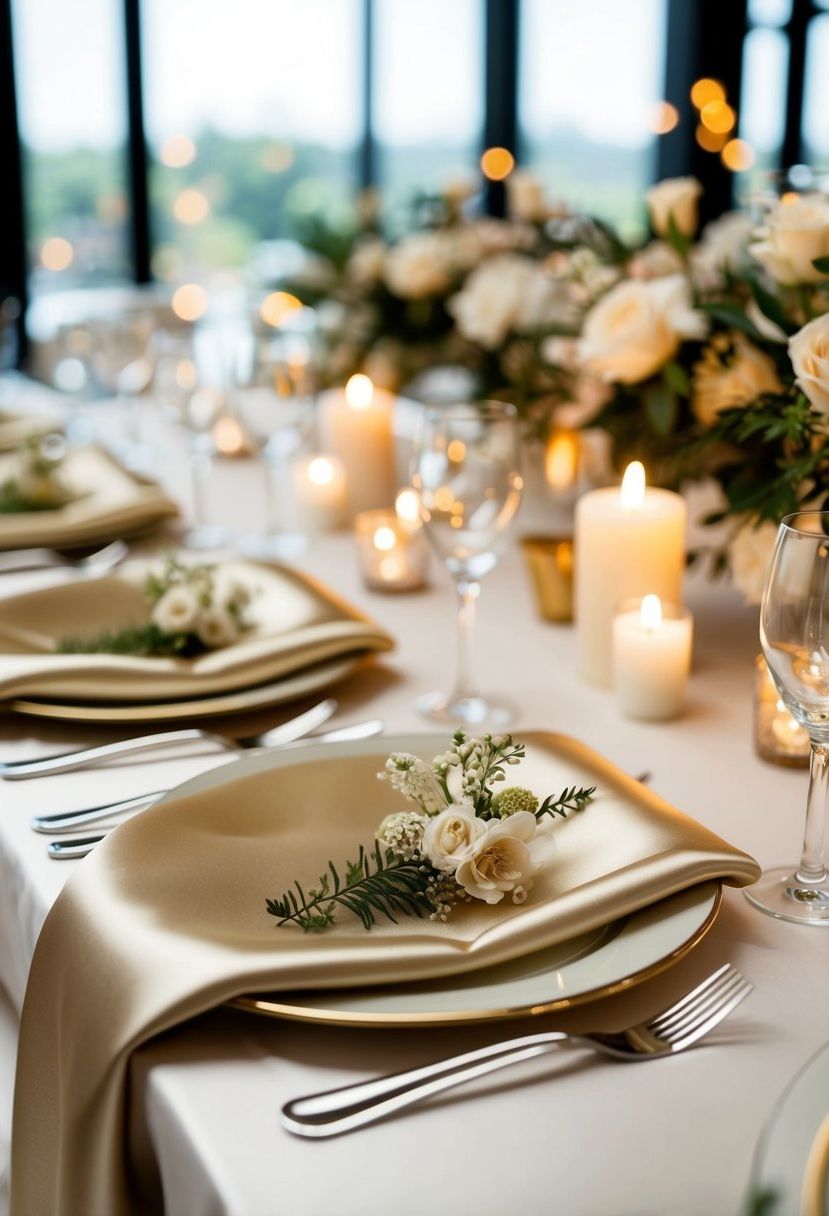 A table set with champagne satin napkins, adorned with delicate floral centerpieces and flickering candlelight