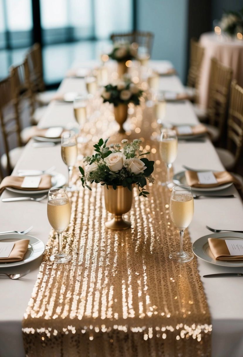 A table adorned with champagne sequin runners, sparkling in the soft light, creating an elegant and luxurious wedding decor