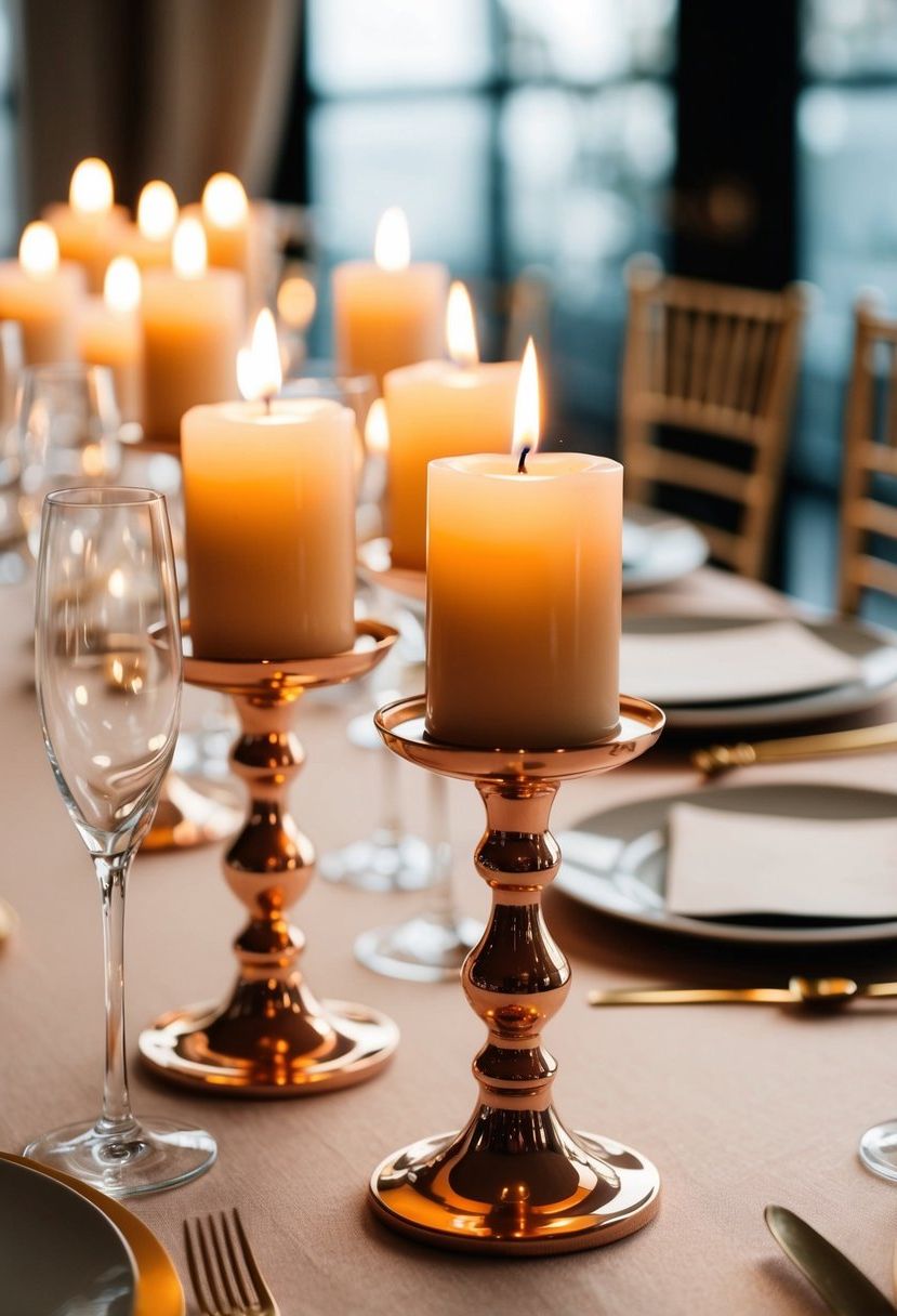 Rose gold candle holders hold flickering candles on a champagne-colored wedding table, creating an elegant and romantic atmosphere