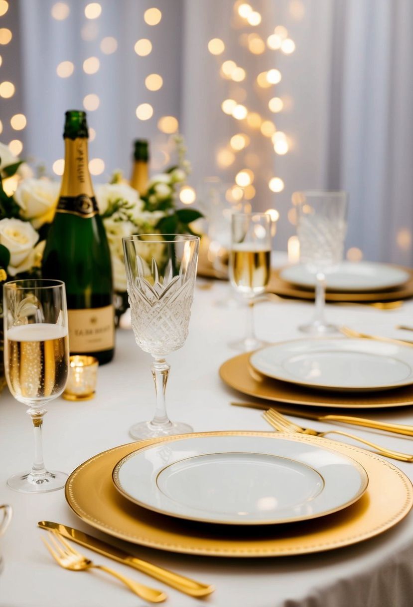 A table set with gold cutlery, crystal champagne flutes, and elegant champagne decorations