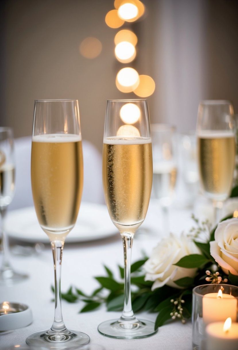 A champagne glass table with elegant accents and decorations for a wedding celebration