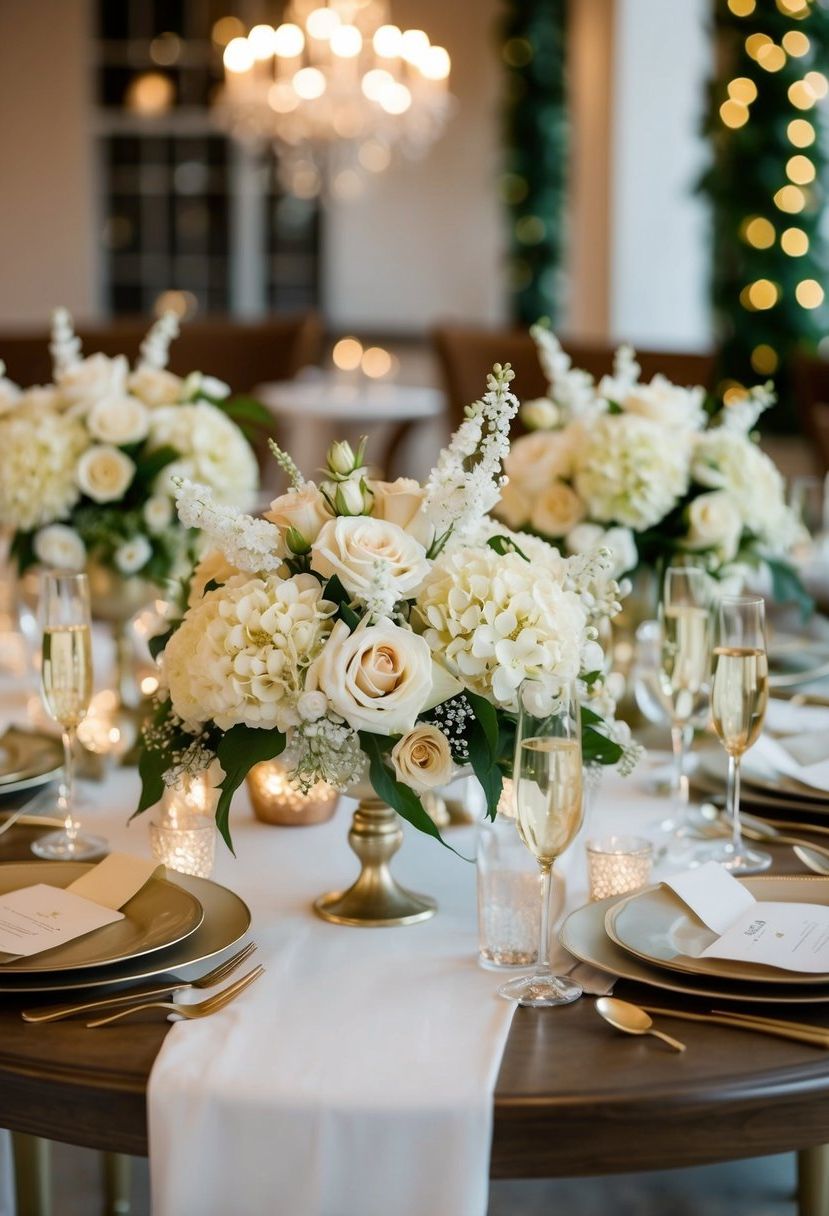 Champagne-colored artificial flowers adorn a wedding table, creating an elegant and romantic atmosphere