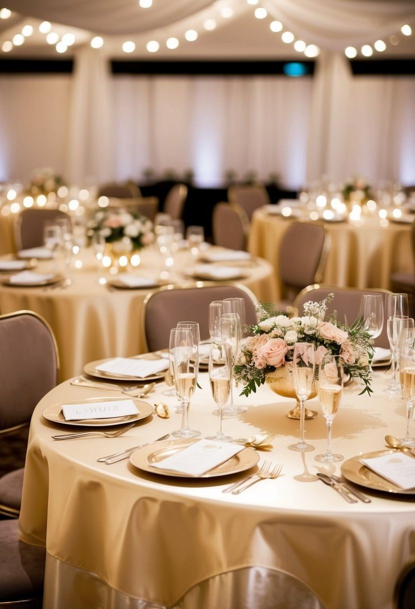 Champagne tablecloths shimmer under soft light, adorned with delicate floral arrangements and sparkling glassware