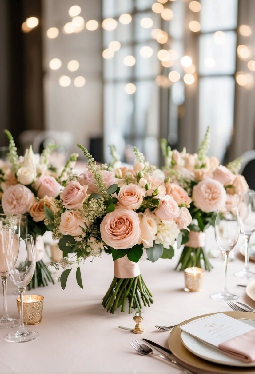 Blush pink and champagne bouquets adorn a wedding table, creating an elegant and romantic atmosphere