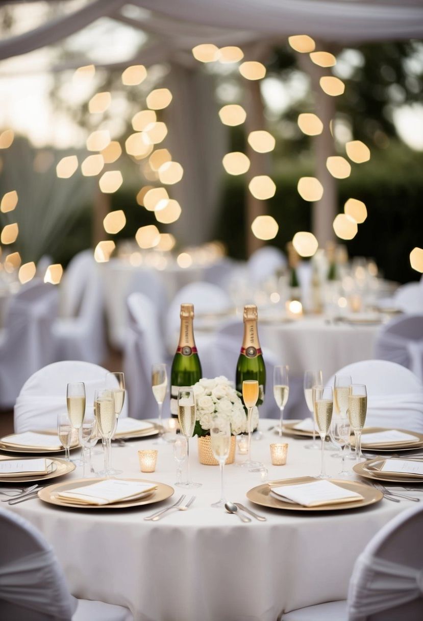 Elegant champagne table settings with white chair covers