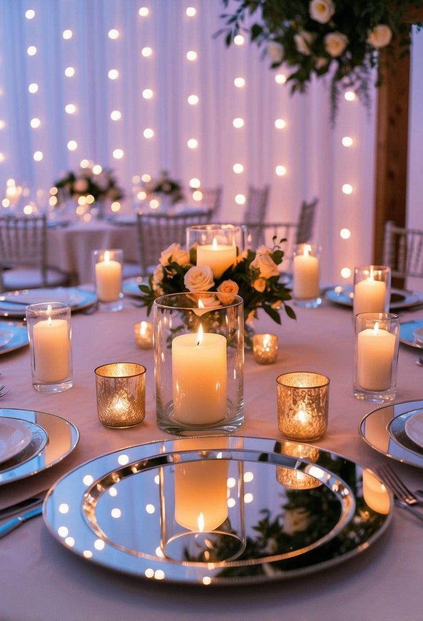 A circular table adorned with mirror plates reflects the romantic glow of candlelight, creating a dreamy ambiance for a wedding celebration
