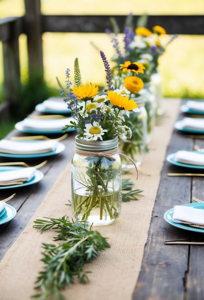 A rustic farmhouse table adorned with burlap runners and mason jar centerpieces filled with wildflowers