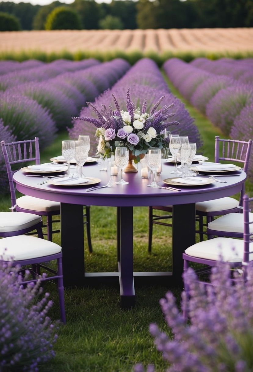 A circular table adorned with lavender fields and purple hues for wedding decoration