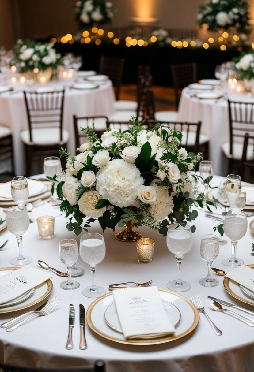 A round table adorned with all-white floral centerpieces and elegant tableware for a classic wedding reception