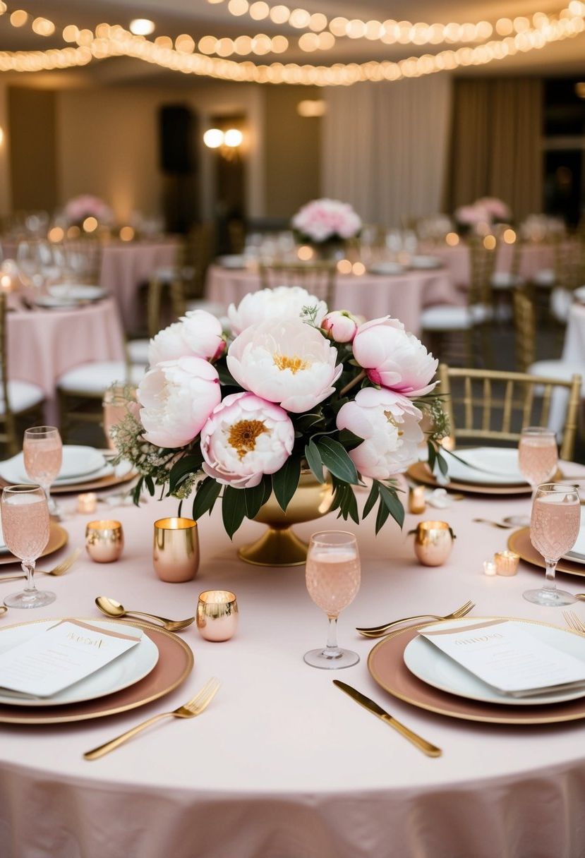 A circular table adorned with blush and gold decor, featuring peony centerpieces for a wedding reception