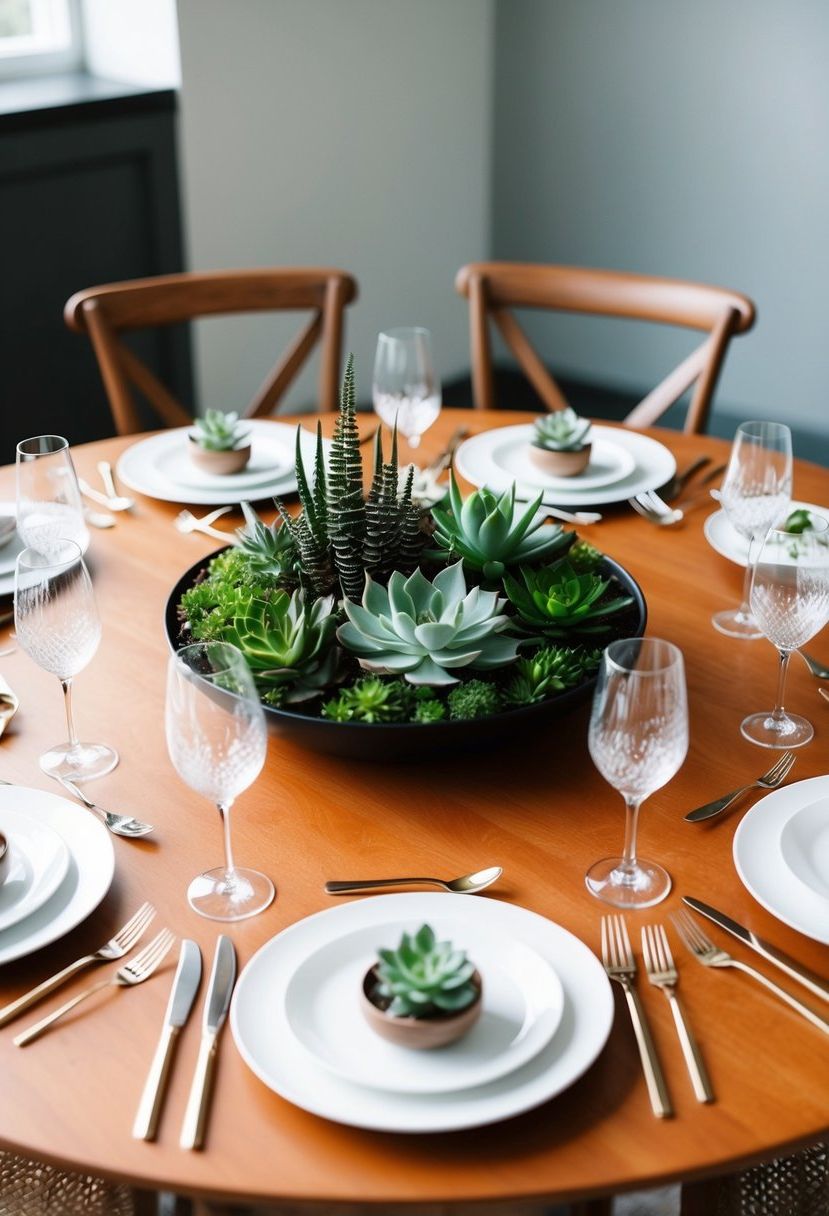 A circular table adorned with minimalist chic succulent centerpieces