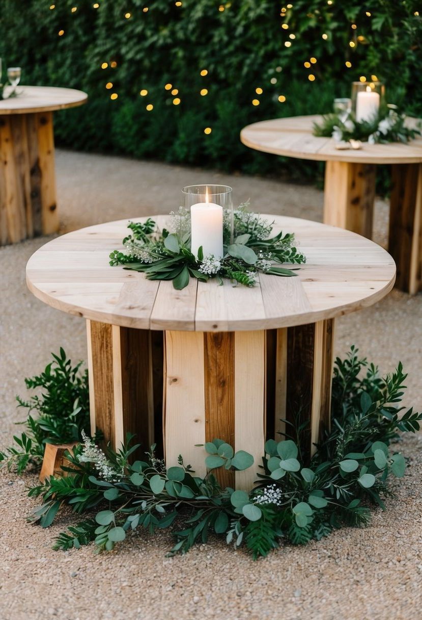 A circular table adorned with rustic wooden accents and surrounded by greenery