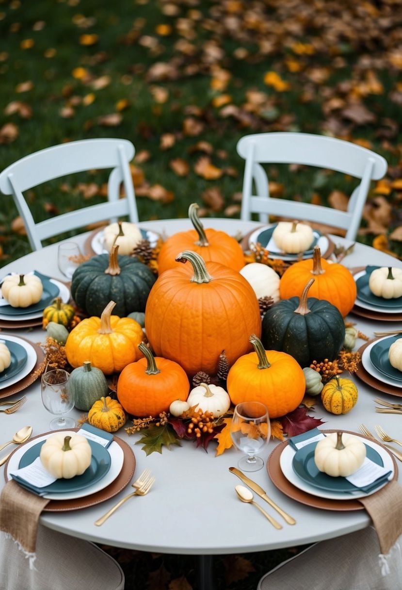 A circular table adorned with pumpkins, gourds, and autumn foliage, creating a rustic wedding centerpiece