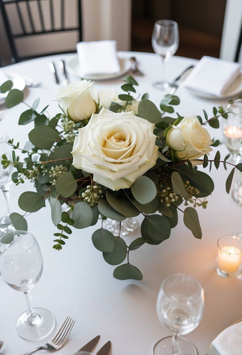 An elegant white rose and eucalyptus arrangement adorns a circular wedding table