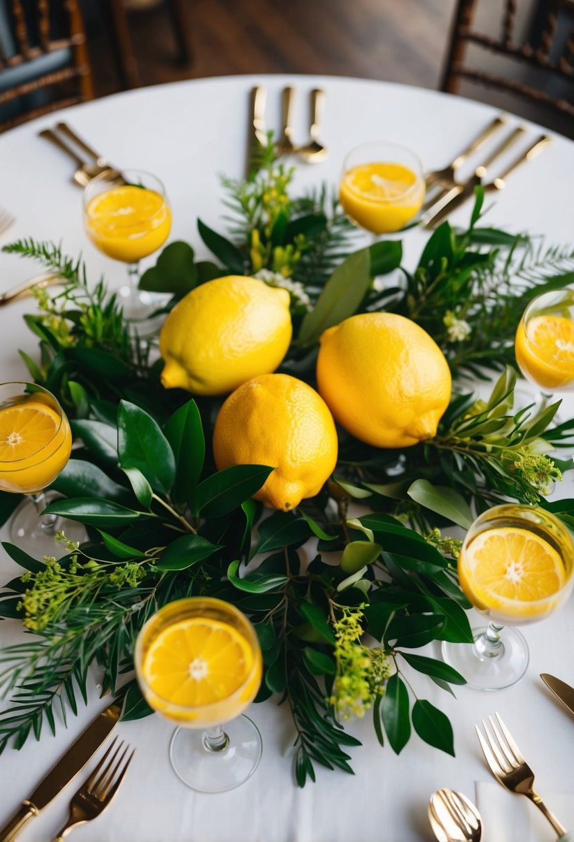 A circular wedding table adorned with citrus-inspired decorations, featuring lemon centerpieces and vibrant greenery