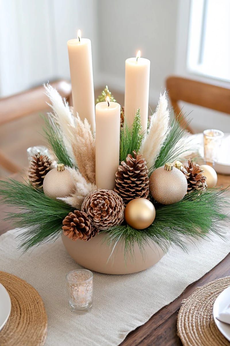 neutral centerpiece with pampas grass, pine, and beige candles 1