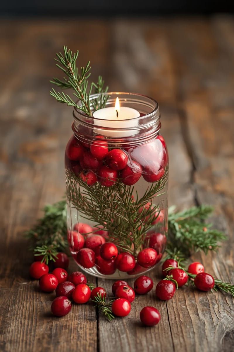 mason jar filled with cranberries, floating candle, and pine branches 1