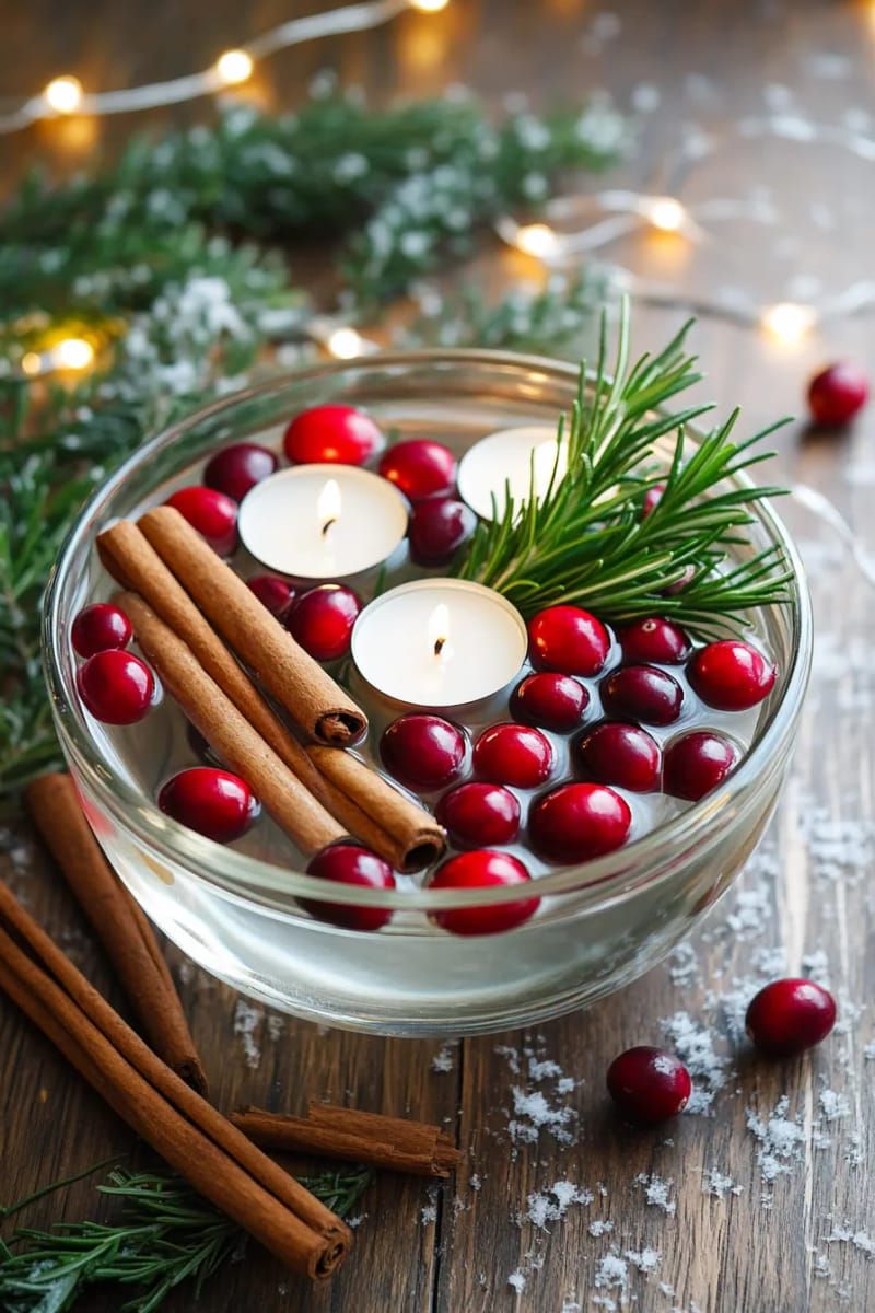 festive floating candles in a bowl with cinnamon sticks and cranberries 1