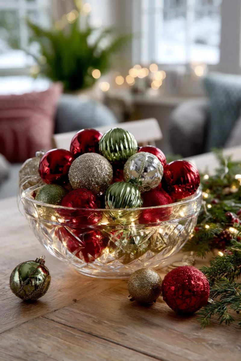 dollar store glass bowl stacked with ornaments and twinkle lights 1