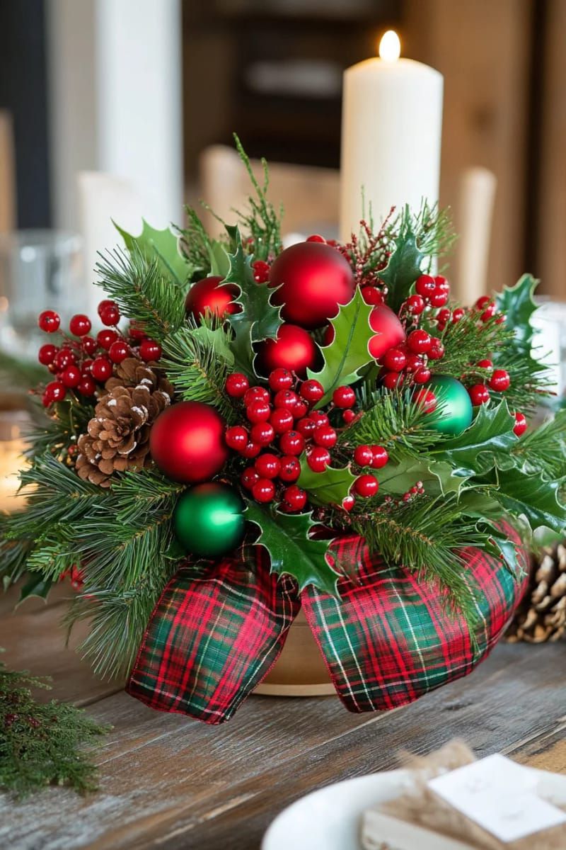classic red-and-green arrangement with plaid ribbon and shiny ornaments 1