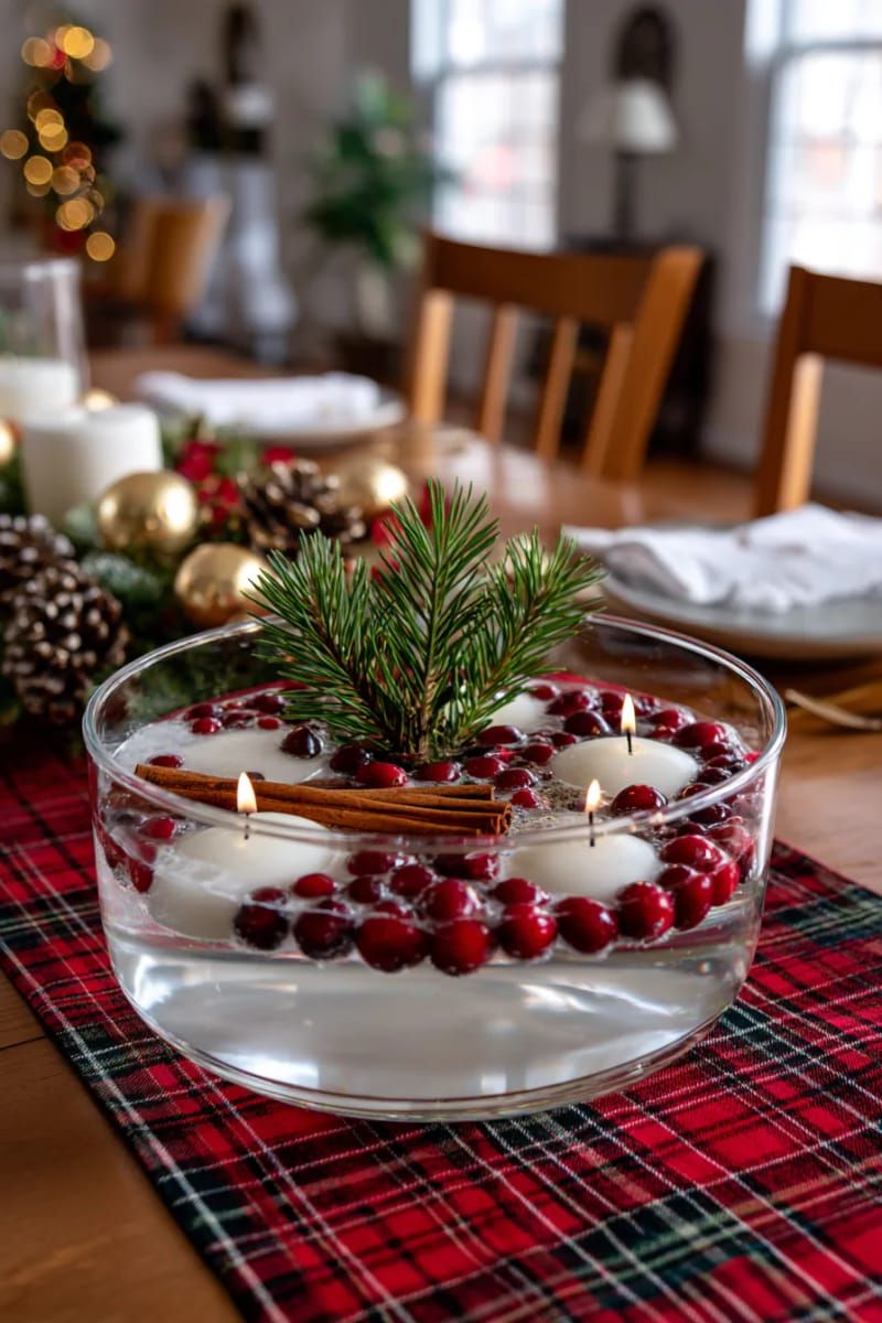 festive floating candles in a bowl with cinnamon sticks and cranberries 1
