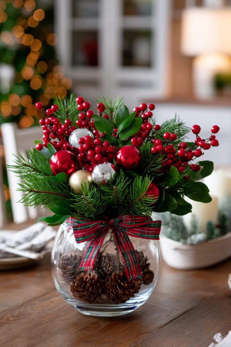 classic red-and-green arrangement with plaid ribbon and shiny ornaments 1
