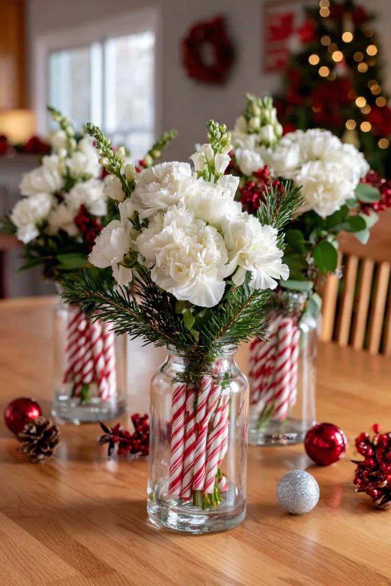 candy cane striped vases holding fresh white flowers and pine needles 1