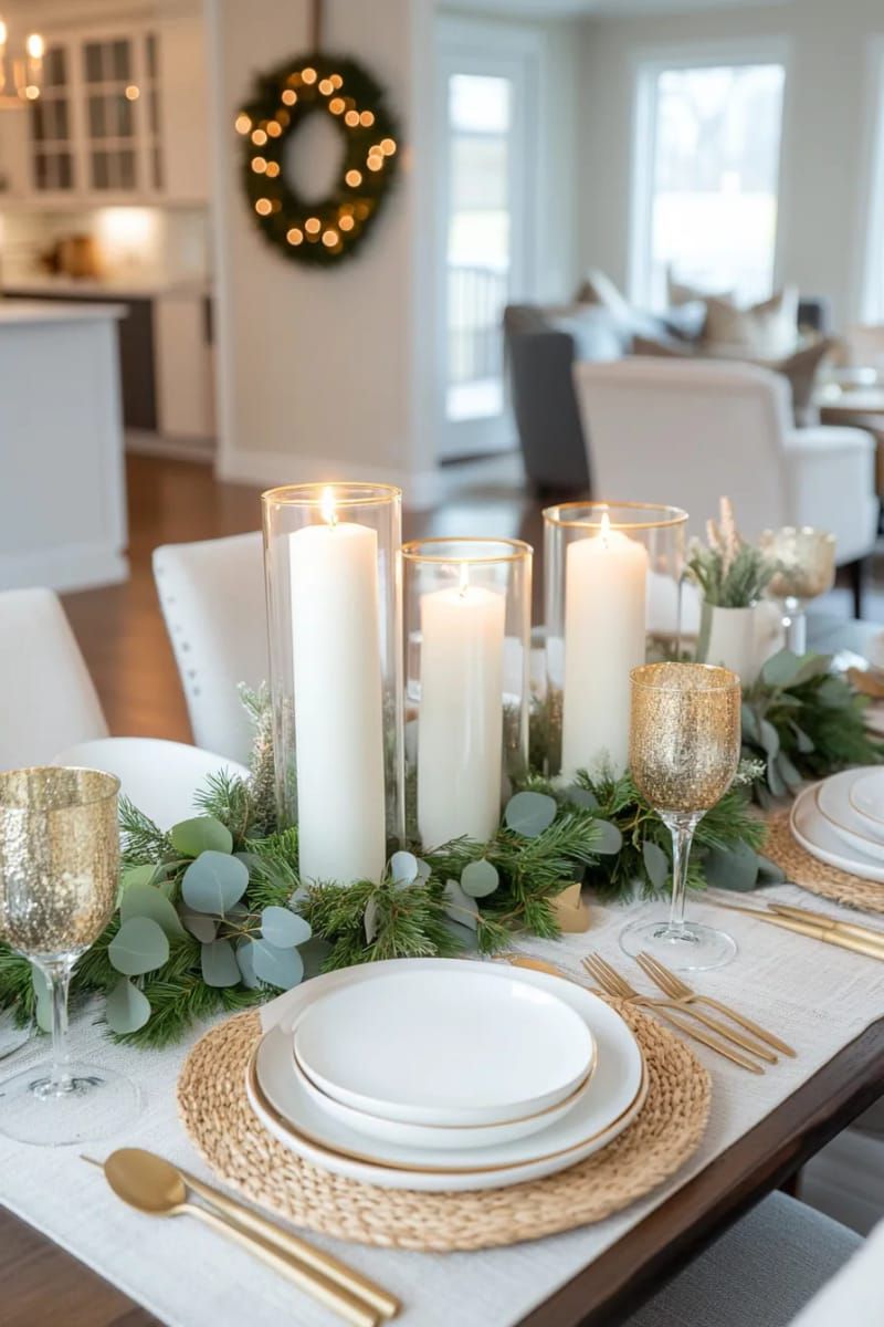 modern centerpiece with white candles, eucalyptus, and gold baubles 1