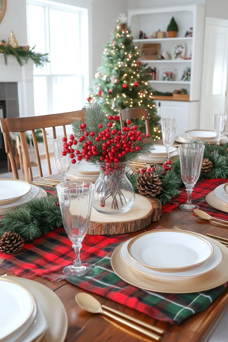simple vase with faux red berries and pinecones on a wood slice 1