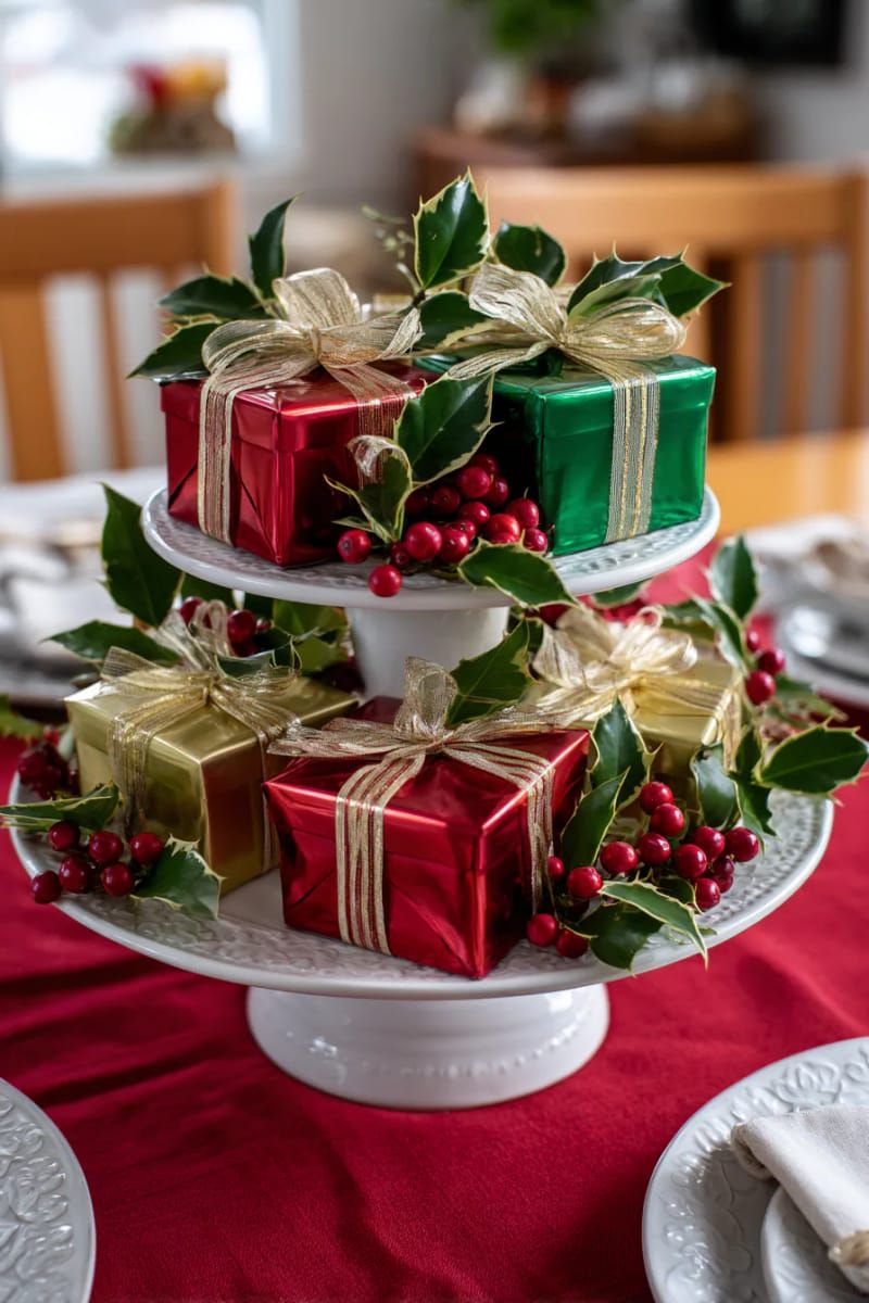 tiered cake stand with mini wrapped gift boxes and holly branches 1