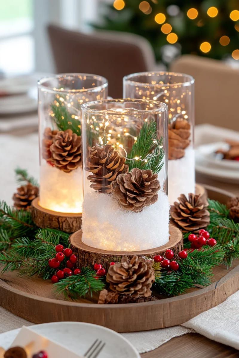 clear cylinder vases layered with fake snow, pinecones, and fairy lights 1