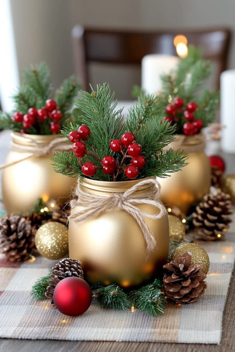 shimmering gold-painted mason jars tied with twine and filled with greenery 1