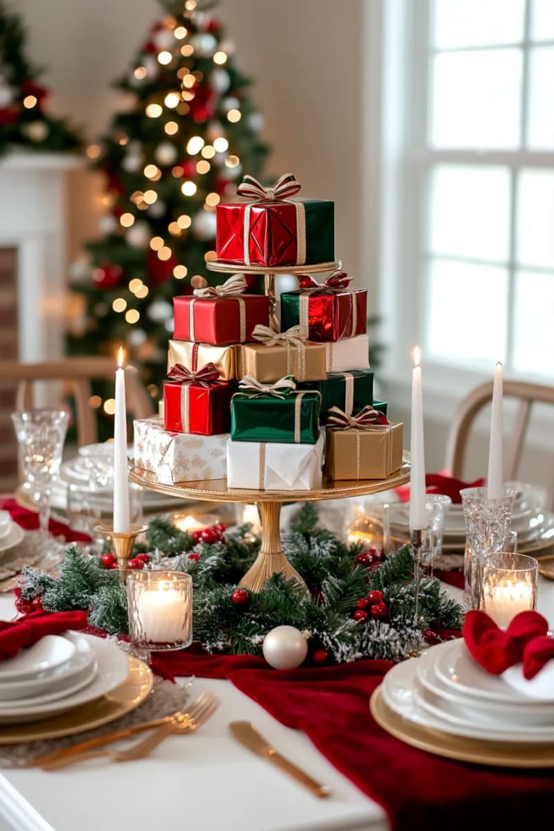 tiered cake stand with mini wrapped gift boxes and holly branches 1