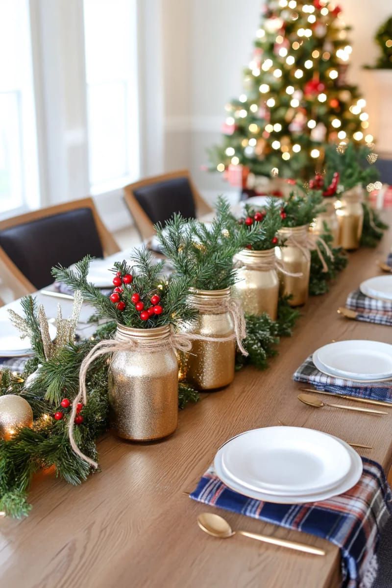 shimmering gold-painted mason jars tied with twine and filled with greenery 1