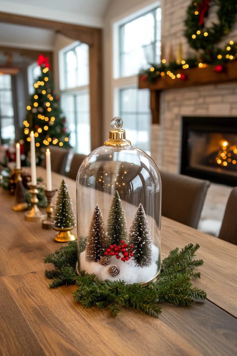 elegant glass cloche covering tiny bottle brush trees and faux snow 1