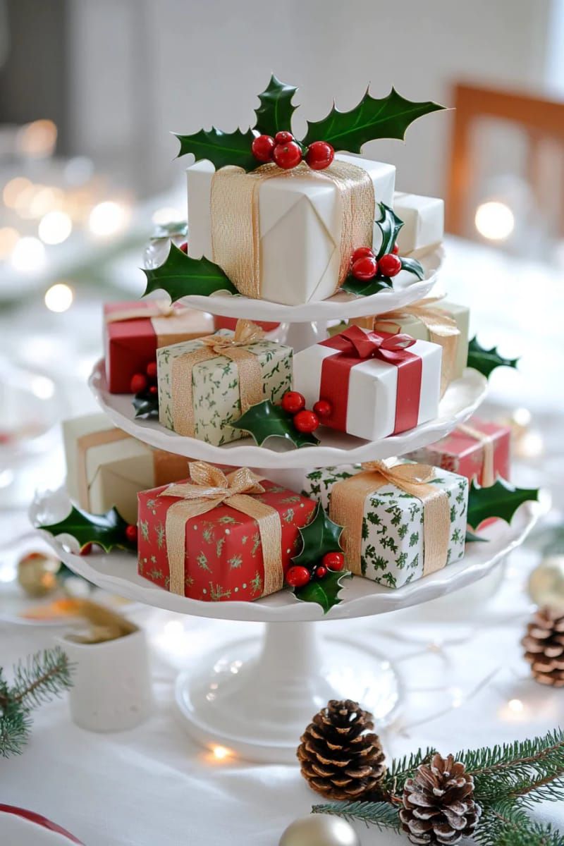 tiered cake stand with mini wrapped gift boxes and holly branches 1