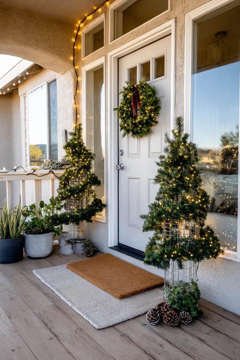 tomato cage christmas trees wrapped in garland and twinkle lights for cozy corners. 1
