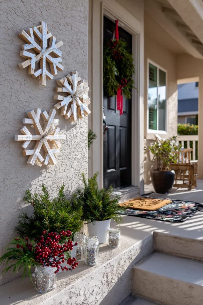 snowflake wall art crafted from white-painted popsicle sticks and glitter accents. 1