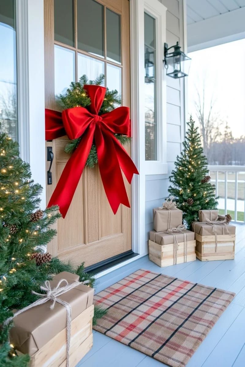 giant red ribbon bow door wrap, transforming your entry into a festive present. 1