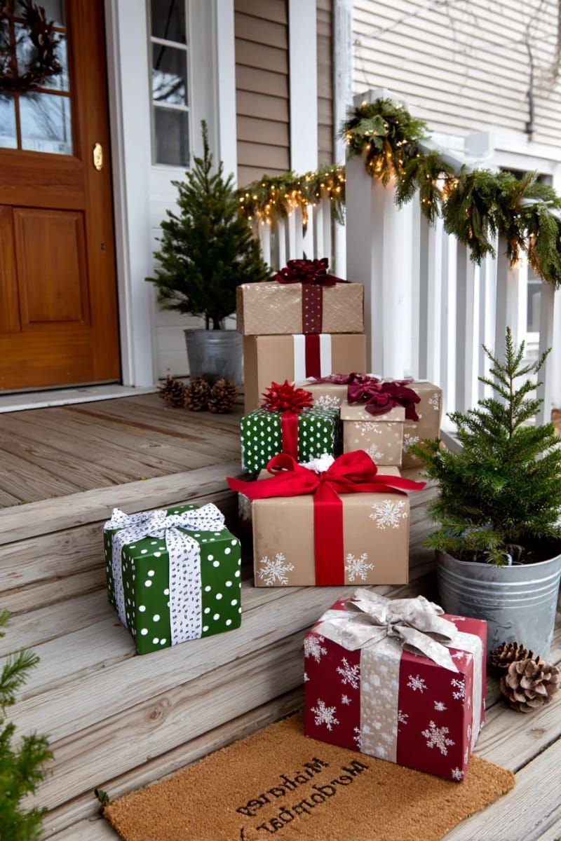 upcycled cardboard gift boxes stacked and tied with ribbon for faux presents. 1