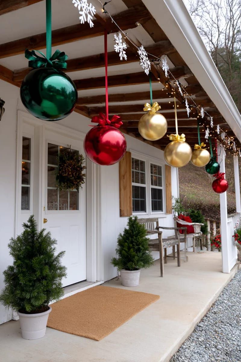 hanging oversized ornament balls made from painted plastic balls and ribbon. 1